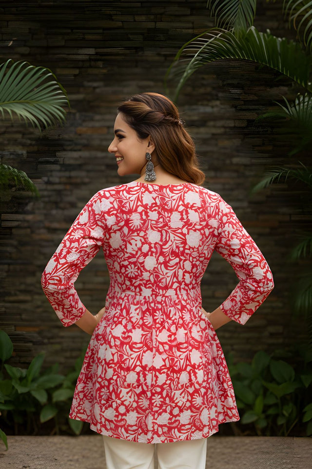 Red Printed Cotton Short Kurti (ACY8267)