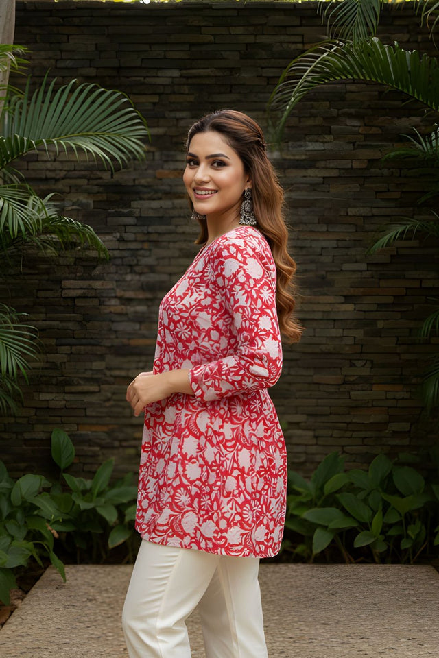 Red Printed Cotton Short Kurti (ACY8267)