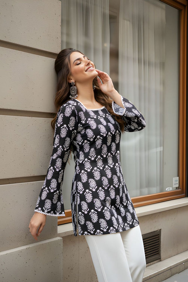 Black Printed Cotton Short Kurti (ACY8268)