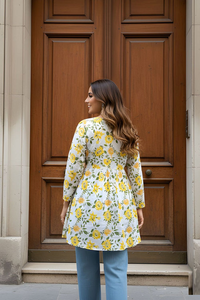 Yellow Printed Cotton Short Kurti (ACY8269)