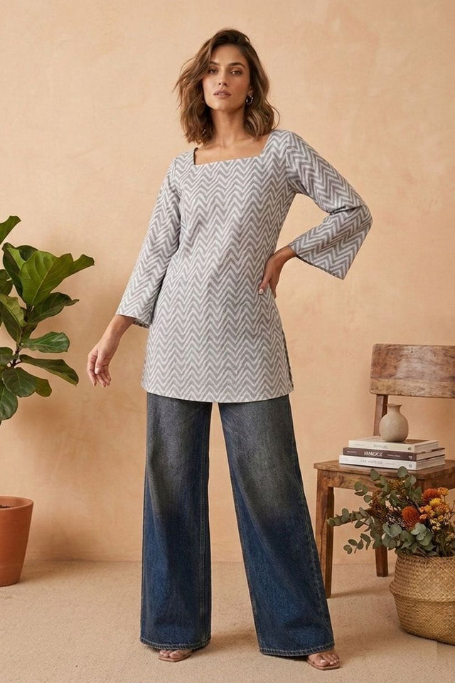 Grey Printed Cotton Short Kurti (ACY8271)
