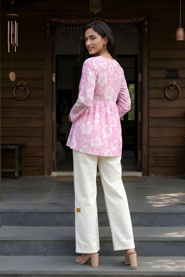 Pink Printed Cotton Short Kurti (ACY8272)