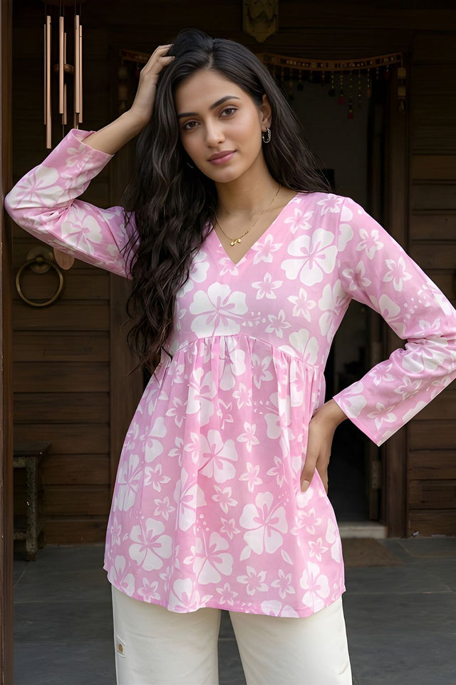 Pink Printed Cotton Short Kurti (ACY8272)
