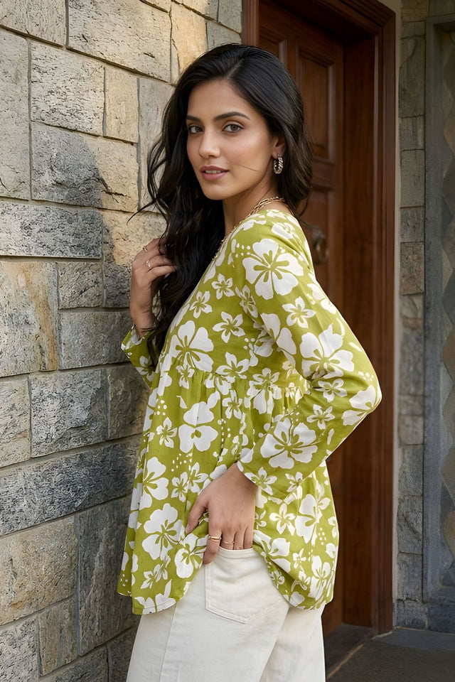 Green Printed Cotton Short Kurti (ACY8274)