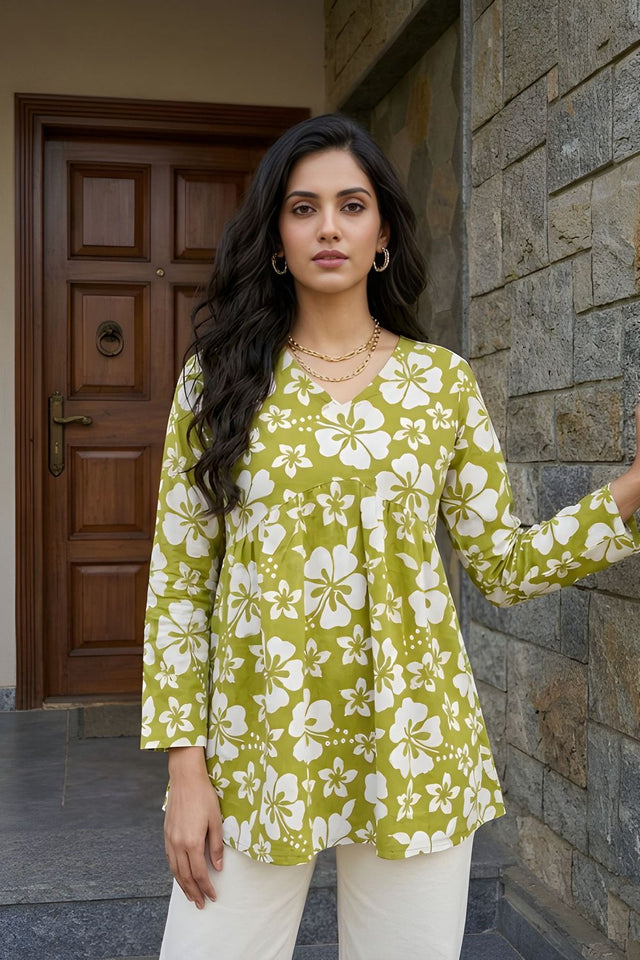 Green Printed Cotton Short Kurti (ACY8274)