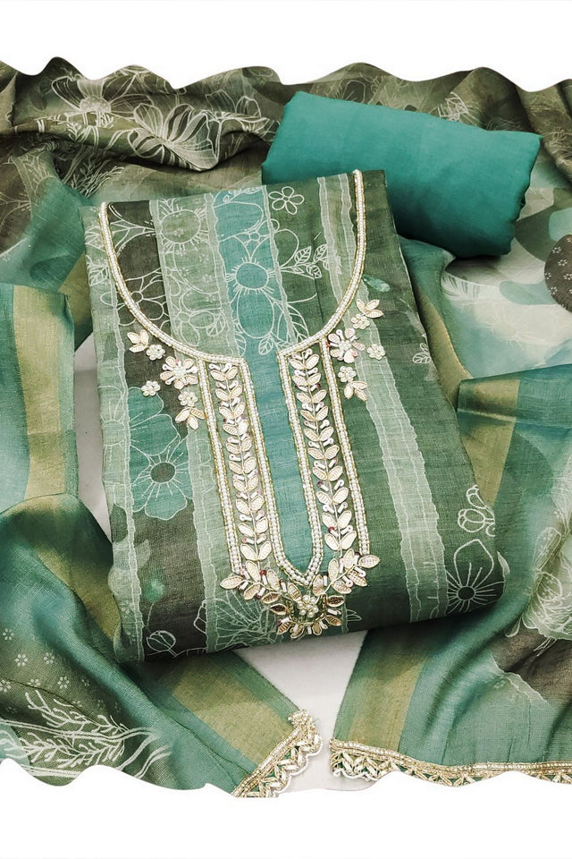 Sea Green Embroidered Cotton Blend Kurti Pant Set (ACA8276)