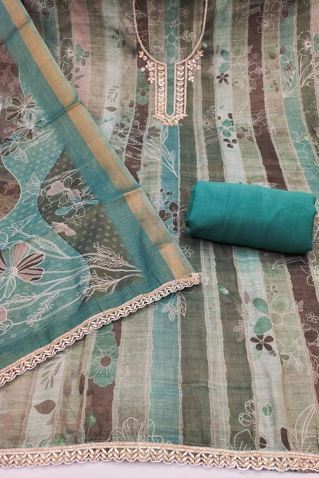 Sea Green Embroidered Cotton Blend Kurti Pant Set (ACA8276)