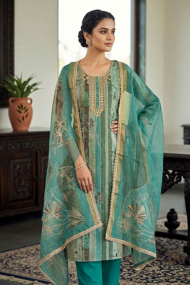 Sea Green Embroidered Cotton Blend Kurti Pant Set (ACA8276)