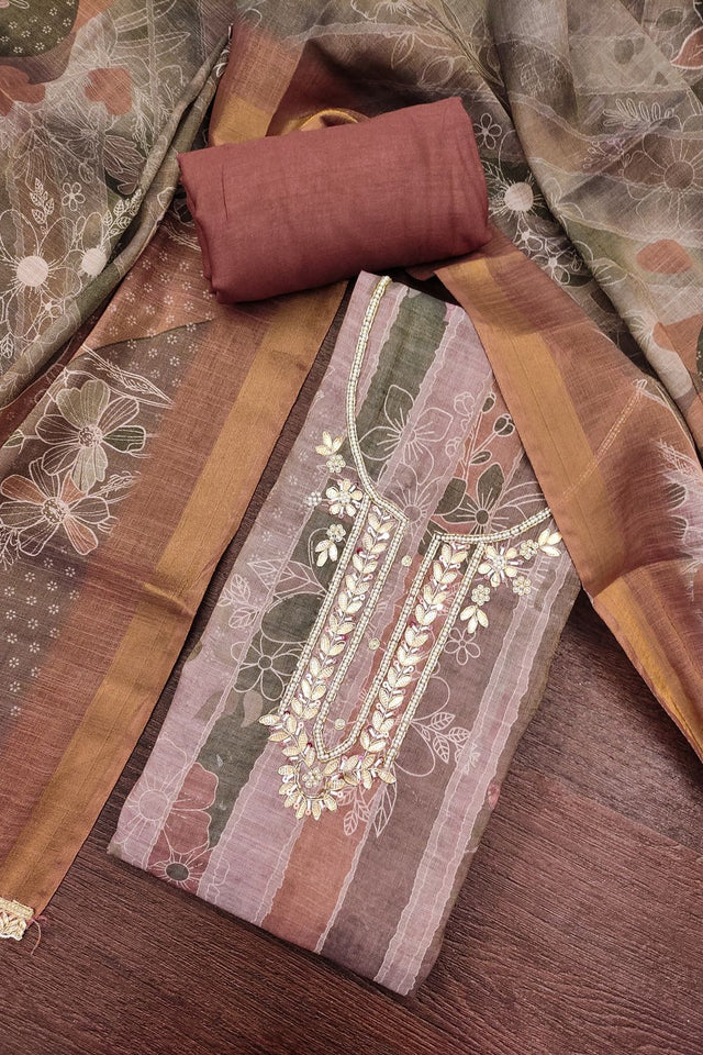 Brown Embroidered Cotton Blend Kurti Pant Set (ACA8278)