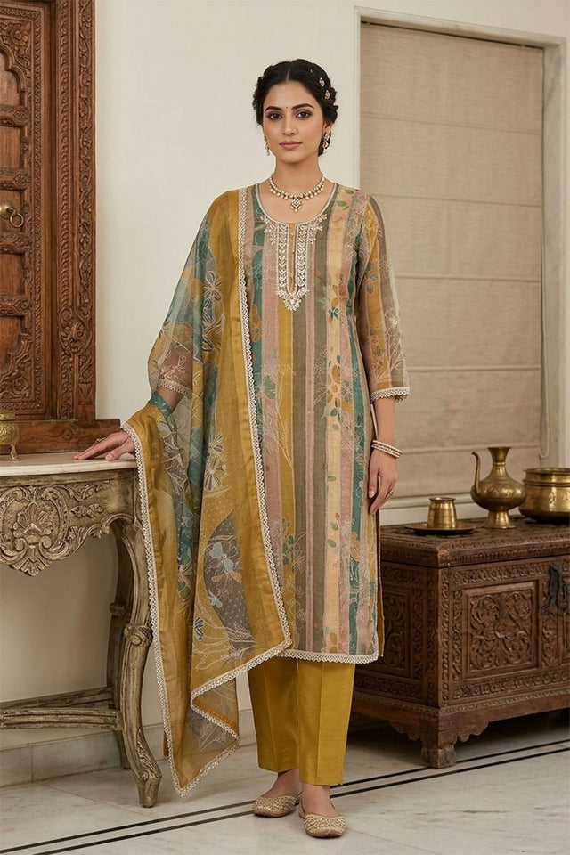 Mustard Embroidered Cotton Blend Kurti Pant Set (ACA8279)