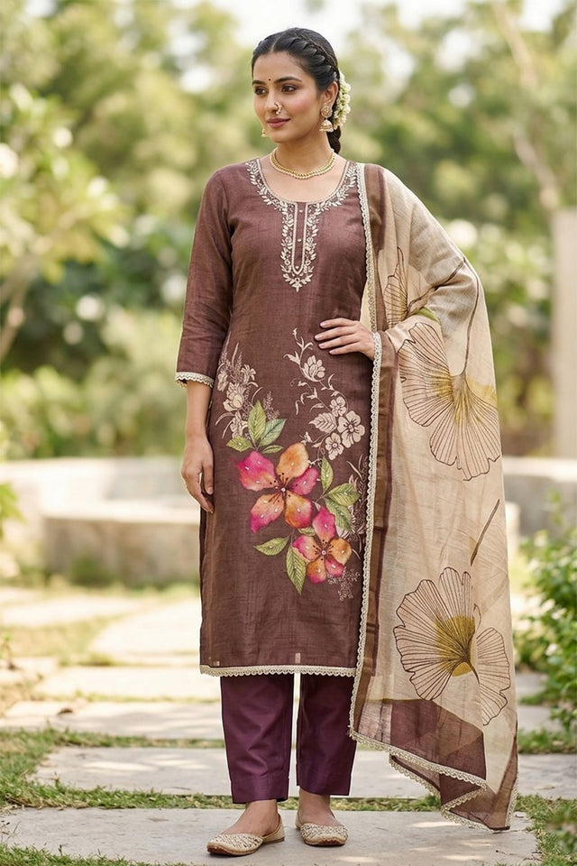 Brown Embroidered Cotton Blend Kurti Pant Set (ACA8281)