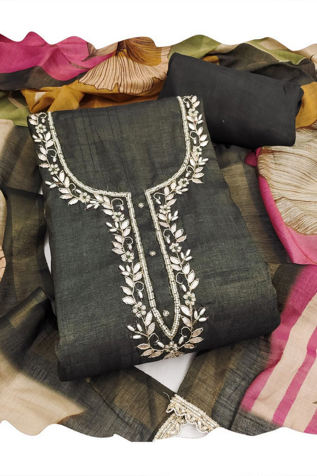Grey Embroidered Cotton Blend Kurti Pant Set (ACA8282)