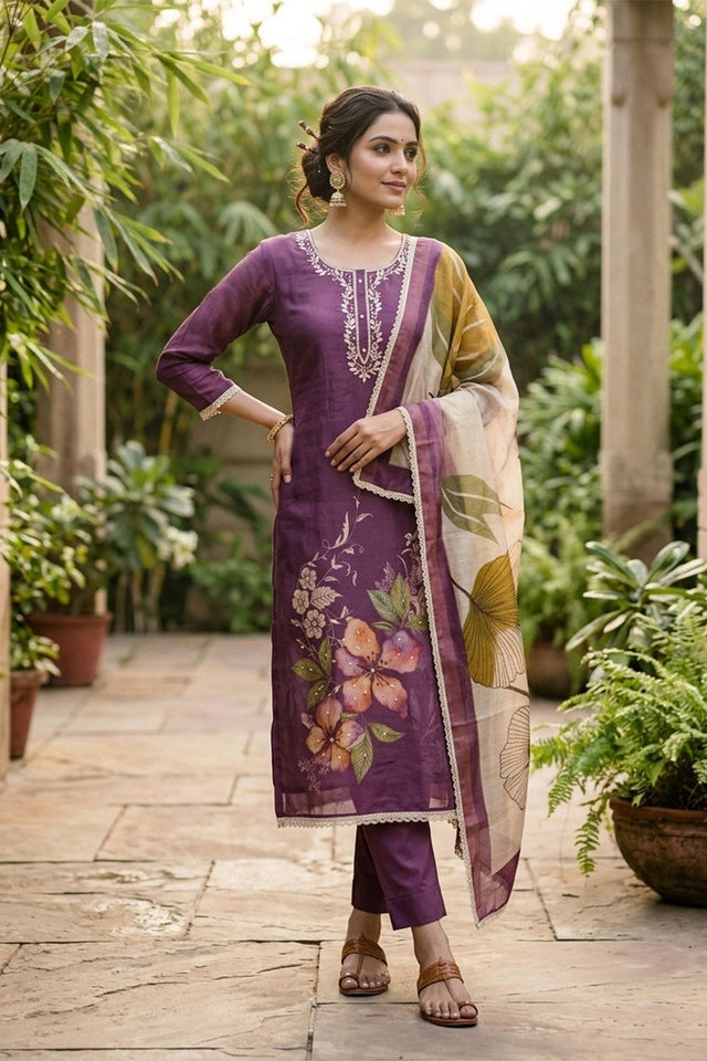 Violet Embroidered Cotton Blend Kurti Pant Set (ACA8283)