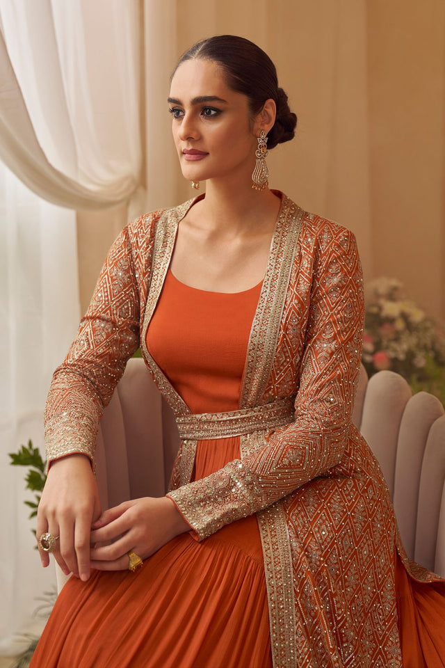 Orange Embroidered Chinon Gown With Jacket (ACA8285)