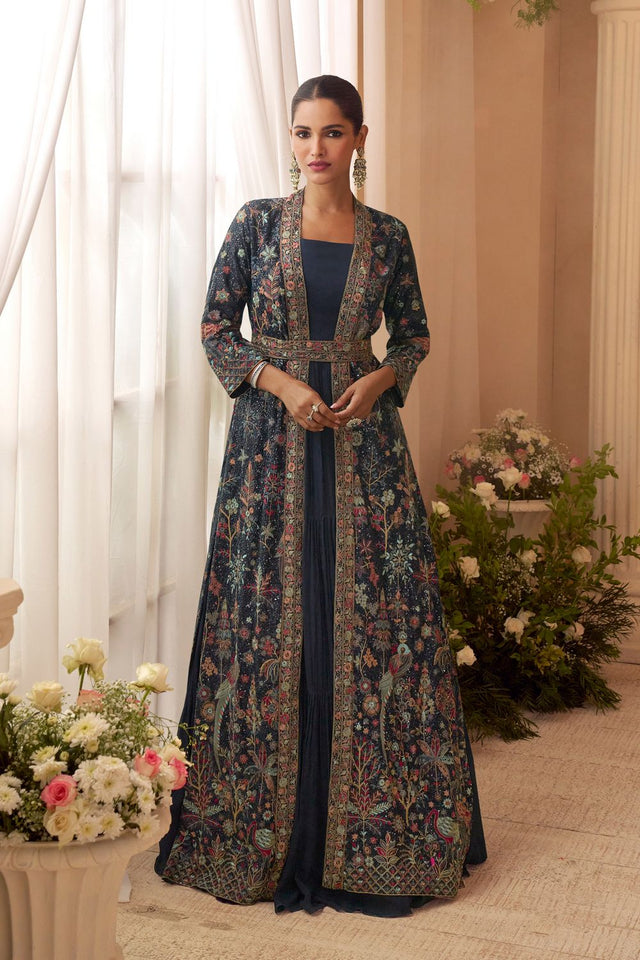 Turquoise Embroidered Chinon Gown With Jacket (ACA8286)