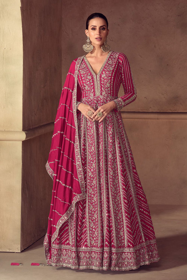 Free Size Stitched Pink Embroidered Chinon Gown (ACA8308)
