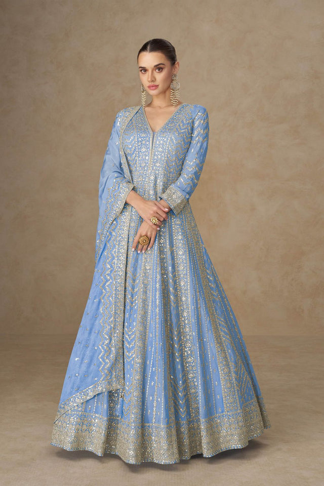Free Size Stitched Blue Embroidered Chinon Gown (ACA8310)