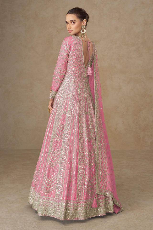 Free Size Stitched Pink Sequin with Embroidered Chinon Gown (ACA8311)