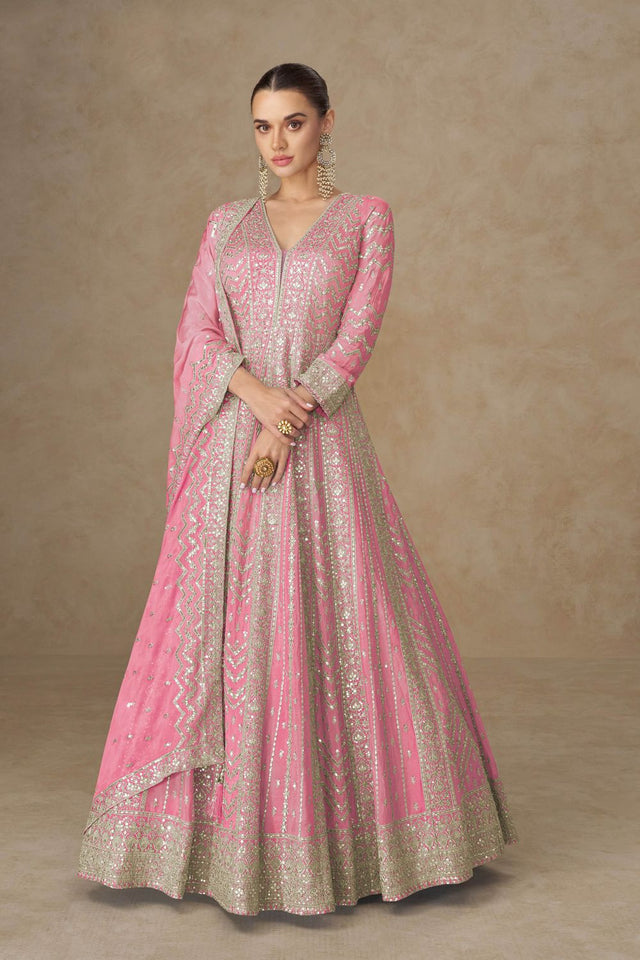 Free Size Stitched Pink Sequin with Embroidered Chinon Gown (ACA8311)