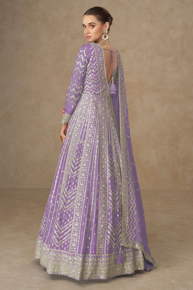 Free Size Stitched Purple Sequin with Embroidered Chinon Gown (ACA8312)