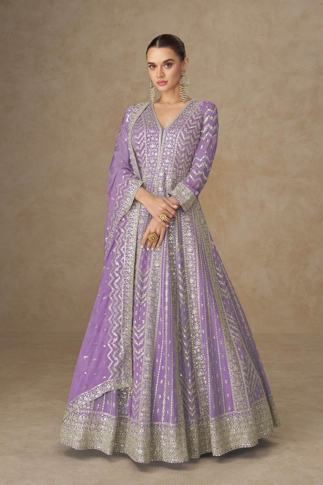 Free Size Stitched Purple Sequin with Embroidered Chinon Gown (ACA8312)