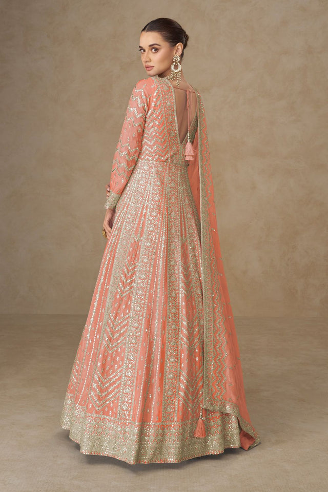 Free Size Stitched Orange Sequin with Embroidered Chinon Gown (ACA8313)