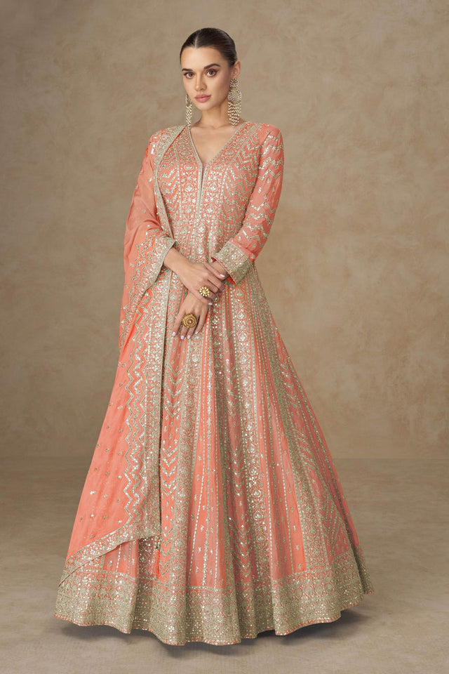 Free Size Stitched Orange Sequin with Embroidered Chinon Gown (ACA8313)