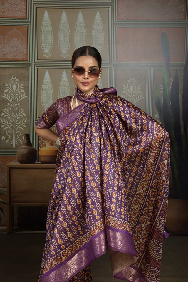 Violet Woven with Printed Silk Saree (ACA8314)