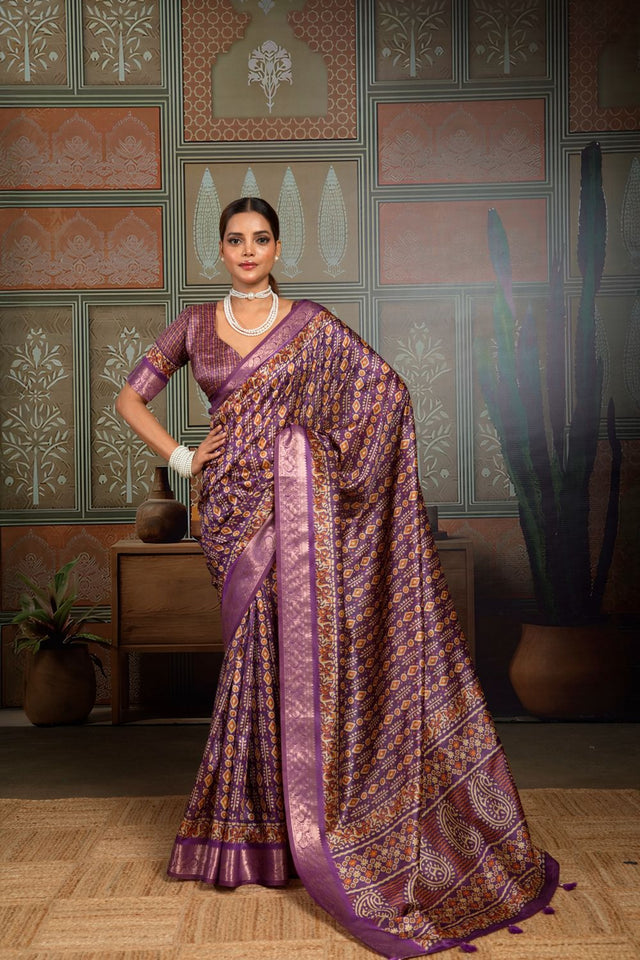 Violet Woven with Printed Silk Saree (ACA8314)