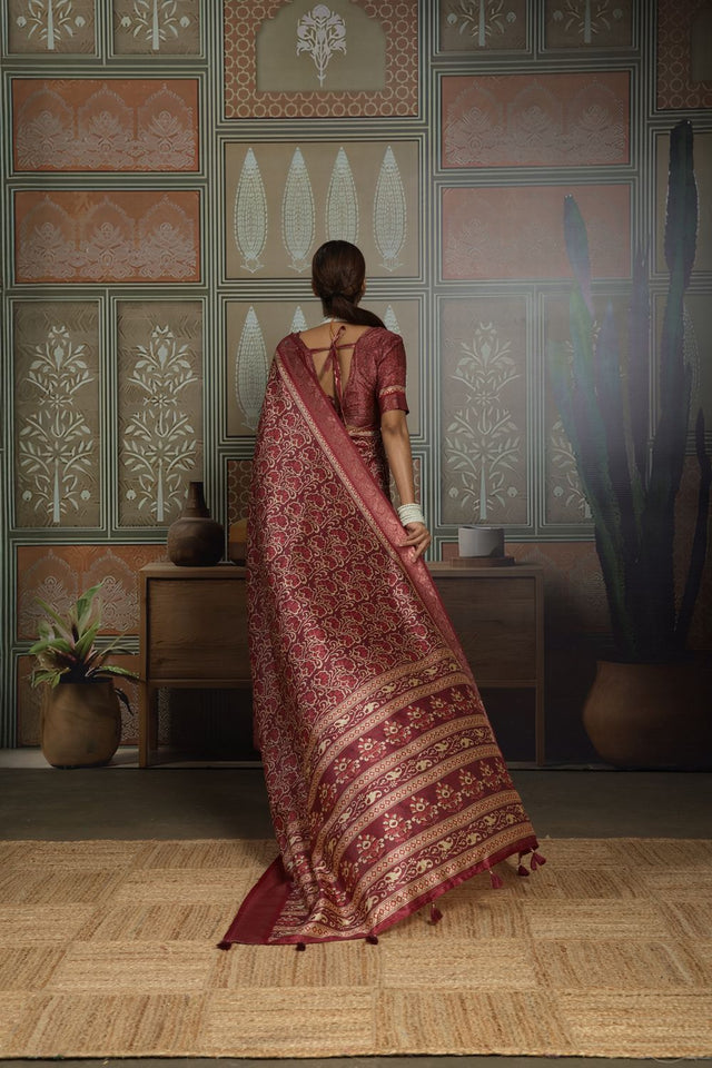 Maroon Woven with Printed Silk Saree (ACA8316)