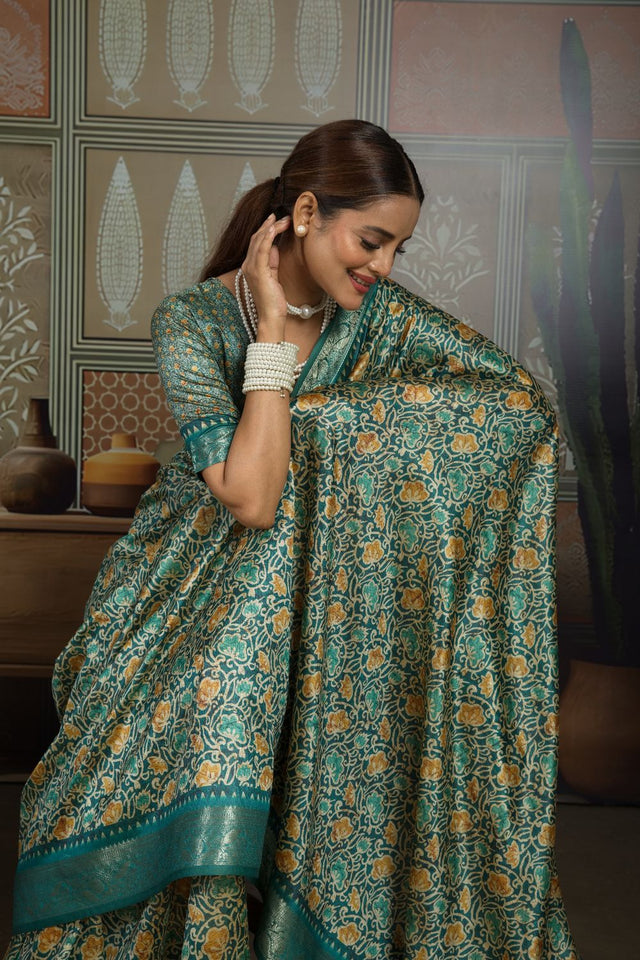 Green Woven with Printed Silk Saree (ACA8317)