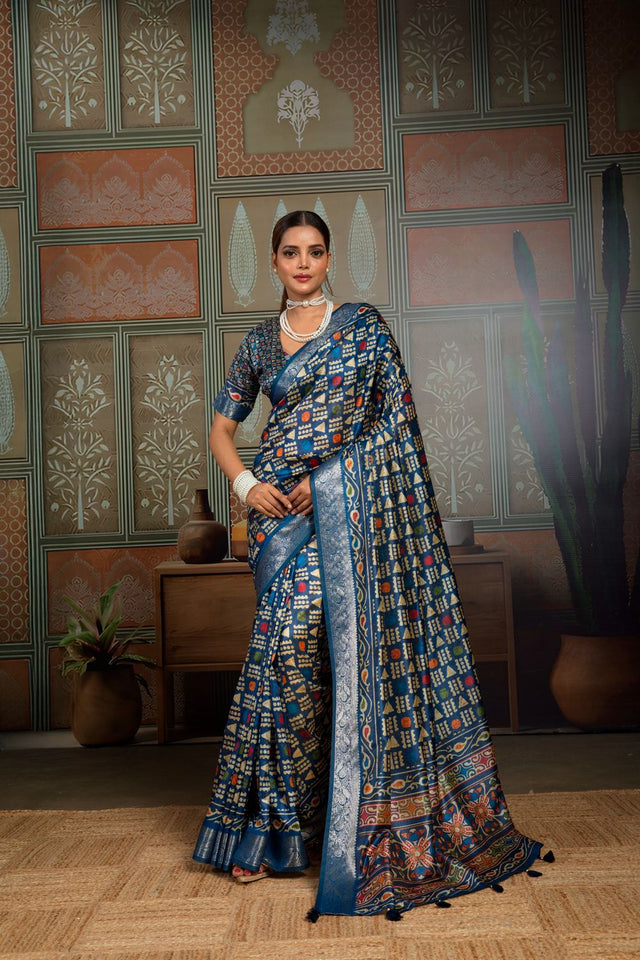 Blue Woven with Printed Silk Saree (ACA8319)