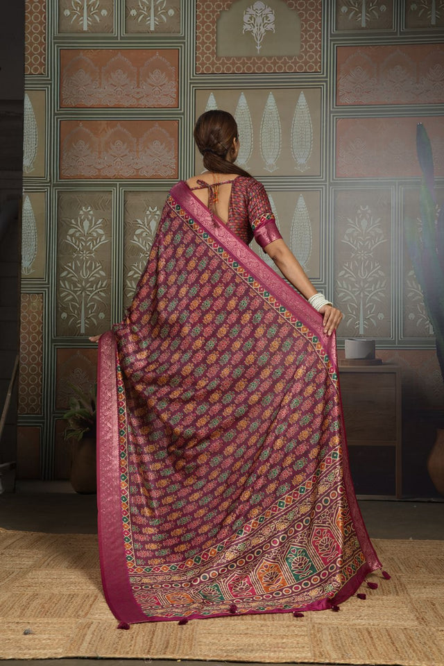 Wine Woven with Printed Silk Saree (ACA8320)