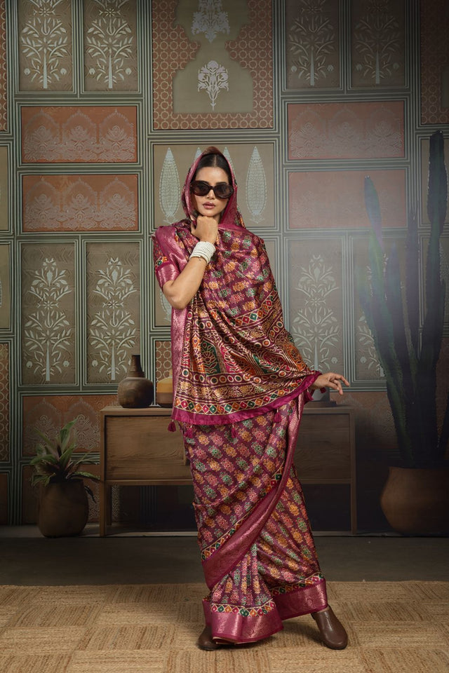 Wine Woven with Printed Silk Saree (ACA8320)