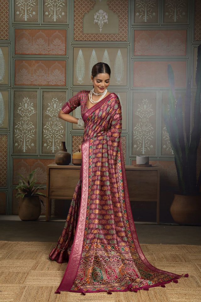 Wine Woven with Printed Silk Saree (ACA8320)