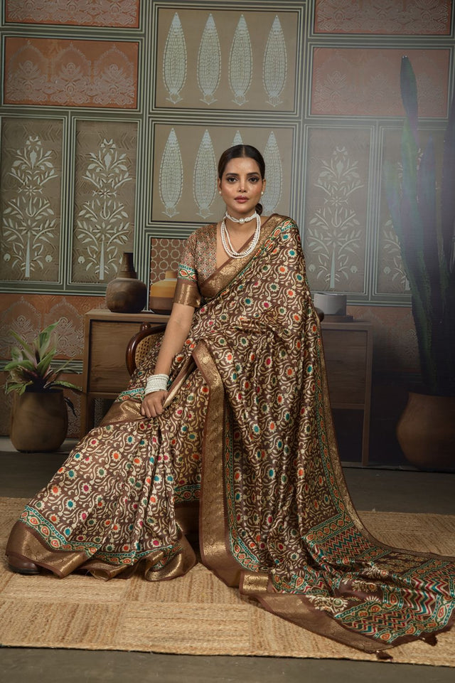 Brown Woven with Printed Silk Saree (ACA8324)