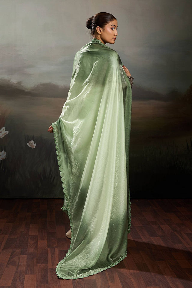 Green Solid With Embroidered Border Satin Saree (ACA8326)