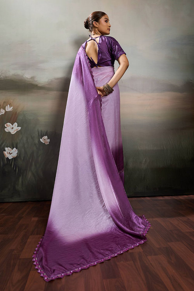 Violet Solid With Embroidered Border Satin Saree (ACA8327)