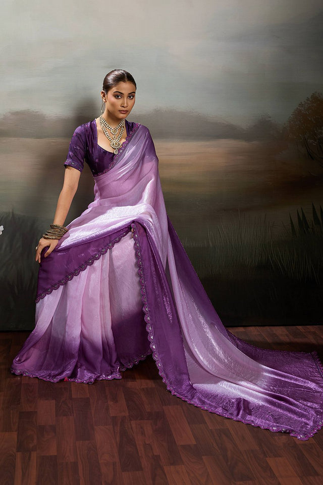 Violet Solid With Embroidered Border Satin Saree (ACA8327)