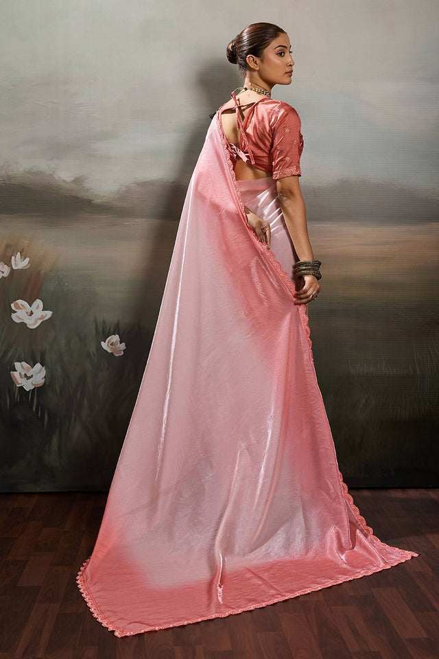 Pink Solid With Embroidered Border Satin Saree (ACA8328)