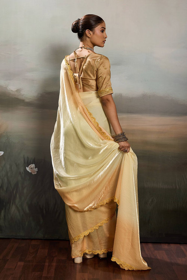 Yellow Solid With Embroidered Border Satin Saree (ACA8329)