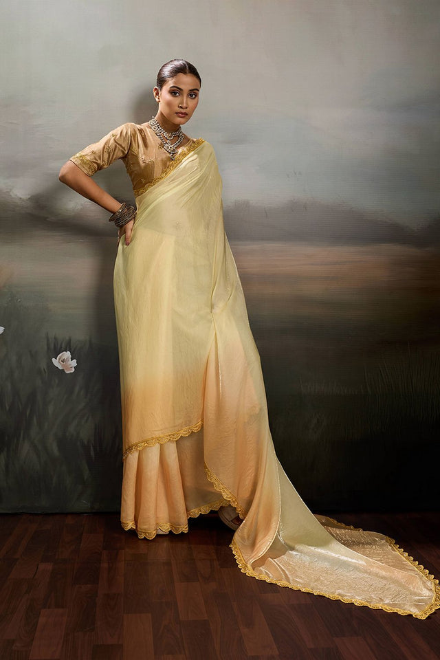 Yellow Solid With Embroidered Border Satin Saree (ACA8329)