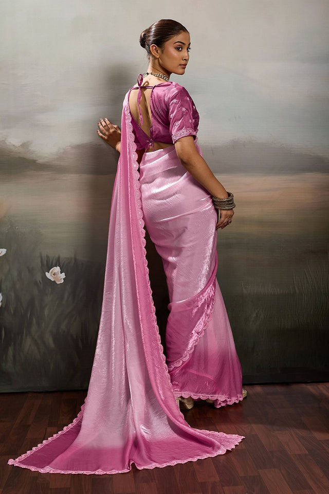 Pink Solid With Embroidered Border Satin Saree (ACA8330)