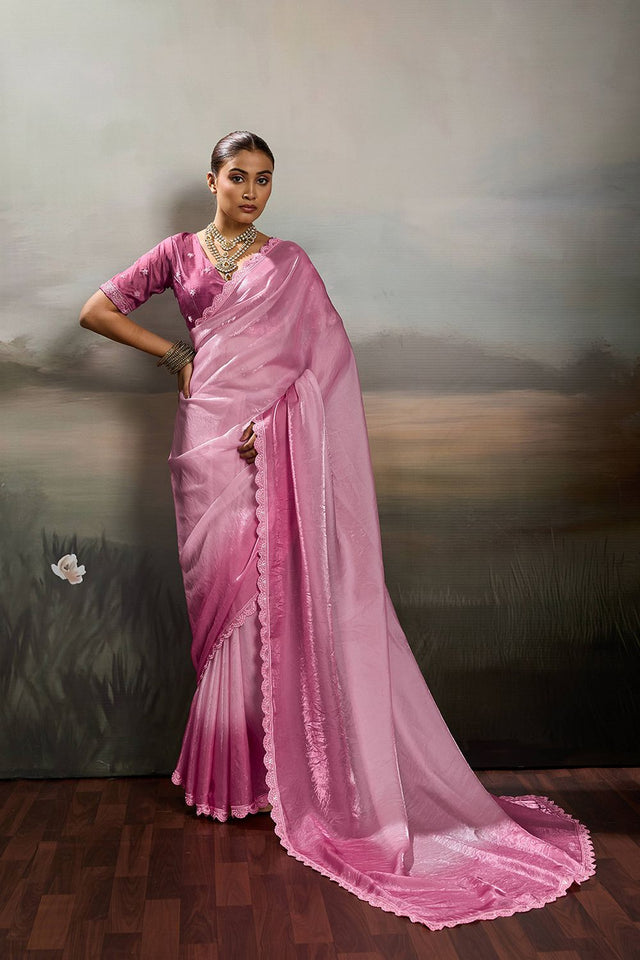 Pink Solid With Embroidered Border Satin Saree (ACA8330)
