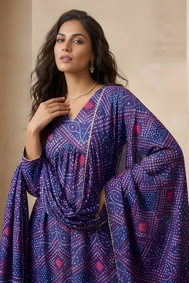 Blue Printed Silk Kurti Pant Set (ACA8332)