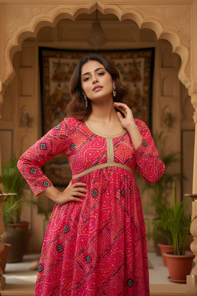 Red Printed Silk Kurti Pant Set (ACA8333)