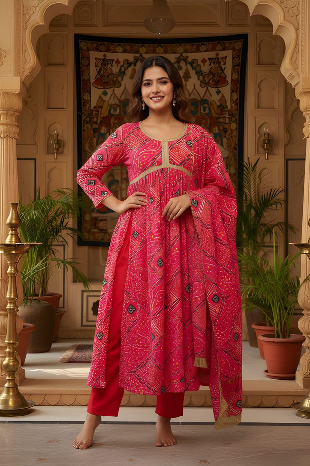 Red Printed Silk Kurti Pant Set (ACA8333)
