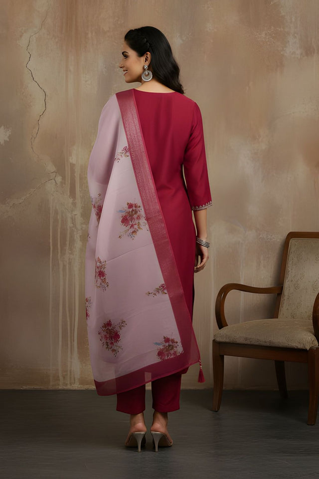 Maroon Floral Embroidered Silk Kurti Pant Set (ACA8334)