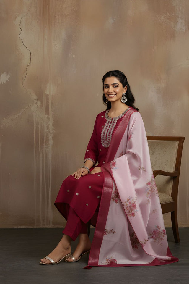 Maroon Floral Embroidered Silk Kurti Pant Set (ACA8334)