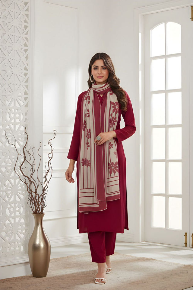 Red Solid Silk Kurti Pant Set (ACA8335)